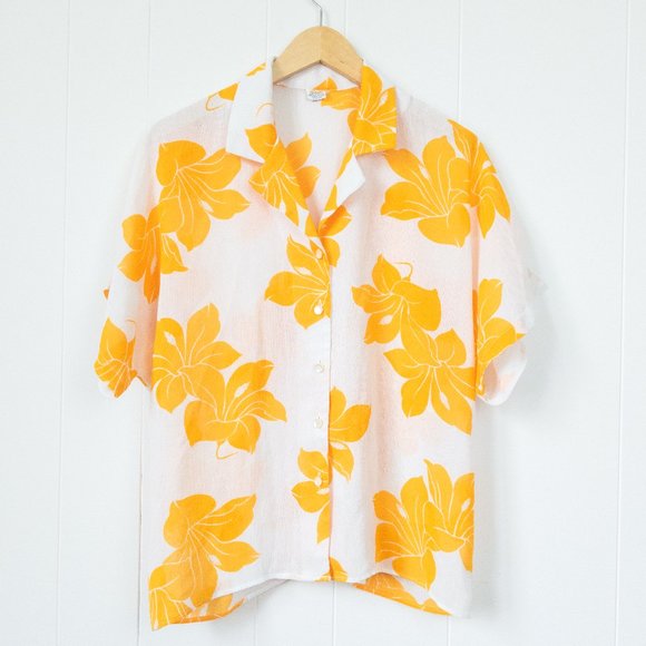 Vintage Orange/Yellow Flower Print Shirt, Size 16